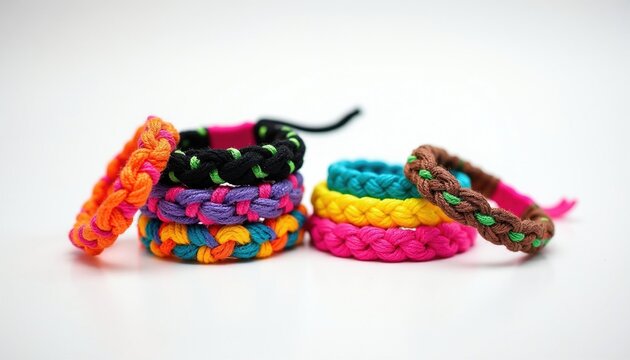 Stacks of colorful woven DIY friendship bracelets made from embroidery threads and knots. Handmade braided wristbands with bright vibrant colors on a plain white background surface.