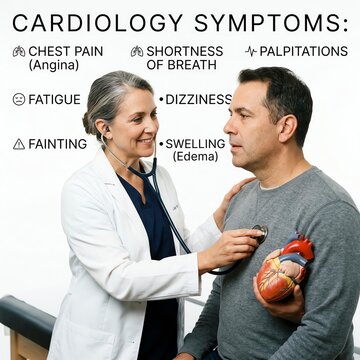 Doctor examining patient with heart model, cardiology symptoms explained