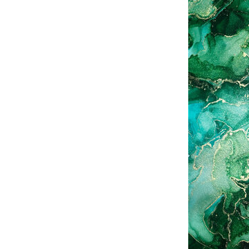 Emerald green and gold alcohol ink art background on right side with copy space