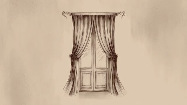 Vintage draped window with decorative valance and paneled doors illustration