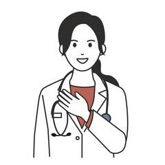 Fototapeta premium Smiling female doctor with stethoscope putting a hand on her chest for reassurance and trust, healthcare flat vector illustration
