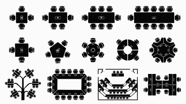 Architecture plan - Set of restaurant floor plan icons showing seating arrangement styles, table and chairs setups, furniture icon symbols, and