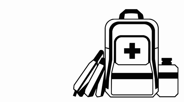 Kit - Professional emergency first aid backpack and survival medical equipment illustration featuring essential supplies for disaster preparedness