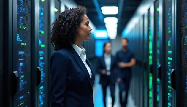 Female manager walks through server room corridor talking with technical team colleagues. Professional woman leader conducts briefing in modern data center facility. Diverse staff manages cloud