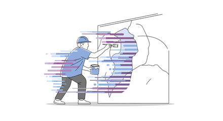 A person painting a wall with abstract colorful lines, creating a dynamic effect © Sendal