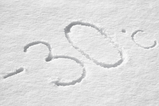 Snowy background, photo showing snow texture and numbers indicating temperature