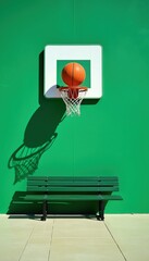 Obraz premium Orange basketball sits inside metal hoop on bright green wall. Empty wooden bench stands below net on outdoor court. Sun light casts sharp dark shadow against surface. Street sport gear provides fun