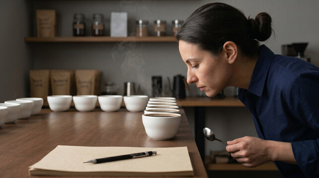 Coffee Cupping Aroma Assessment in Plain Cups With Steam and Score Sheets