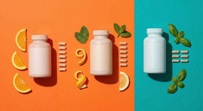 Matte Supplement Packaging With Citrus and Herb Accents on Color Blocks