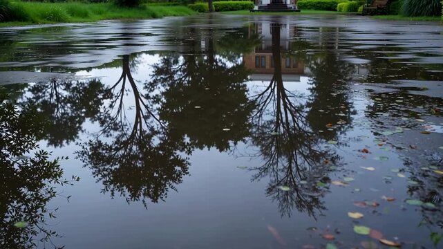 Reflection of trees and a building in a calm pond with floating leaves