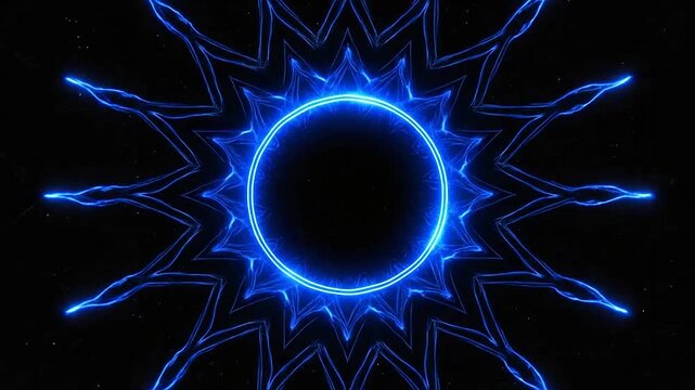A glowing blue circular mandala pattern radiates light against a dark background