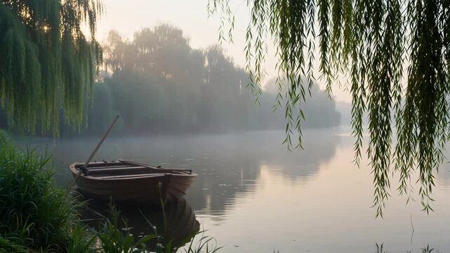 A wooden rowboat rests quietly on a misty river at dawn, framed by weeping willow branches.