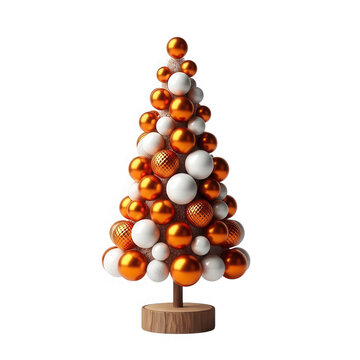 Small Christmas tree made of orange and white shiny balls isolated on transparent background