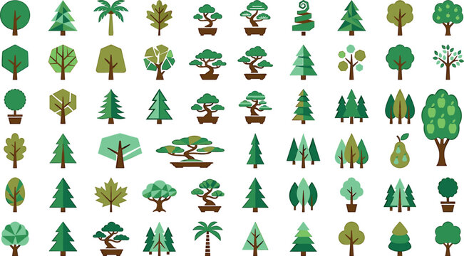 Flat tree icons vector set with geometric pines palm trees potted bonsai plants and forest foliage silhouettes collection
