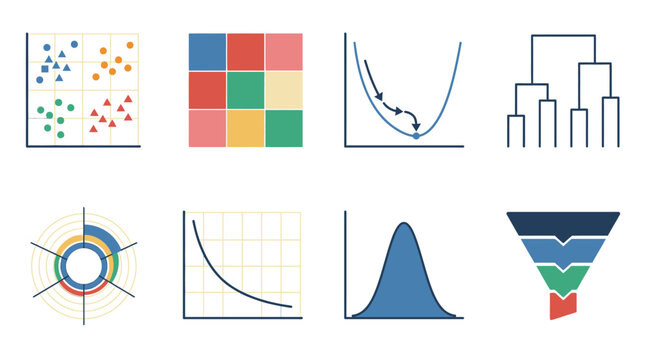 Confusion Matrix Chart and Gradient Descent Curve Symmetrical Grid Asset Sheet for Data Science Workshops