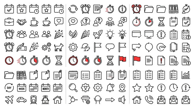 Set of hand-drawn black and red business icons on white background, including calendars, clocks, people, documents, flags, speech bubbles, and folders in grid layout.