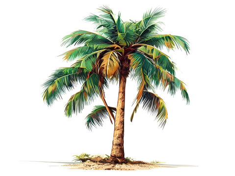 Tropical palm tree with green fronds and brown trunk.