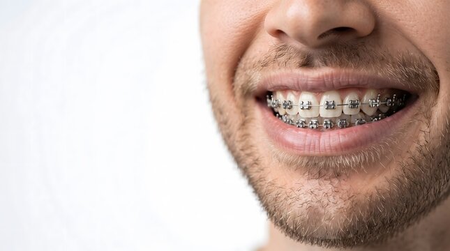 Close-up of a young man smiling and showing metal dental orthodontic braces