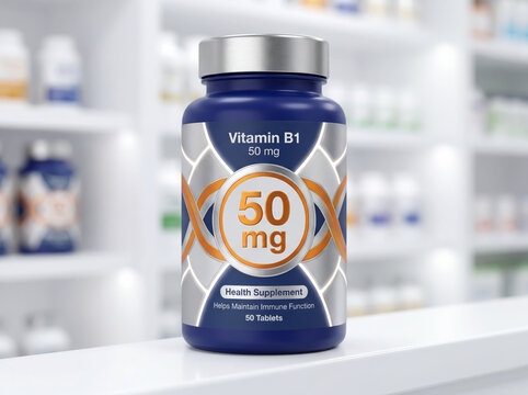 Vitamin B1 50 mg supplement bottle on a pharmacy shelf