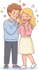 Fototapeta premium Young couple laughing and sharing a secret moment. Playful boyfriend whispering to cheerful girlfriend in casual outfits.
