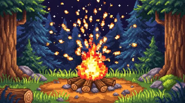 Pixel Art Campfire in Forest at Night - Cozy Warm Flames, Starry Sky