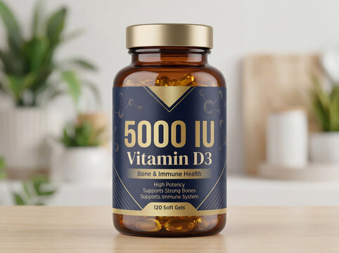 Bottle of Vitamin D3 5000 IU dietary supplement