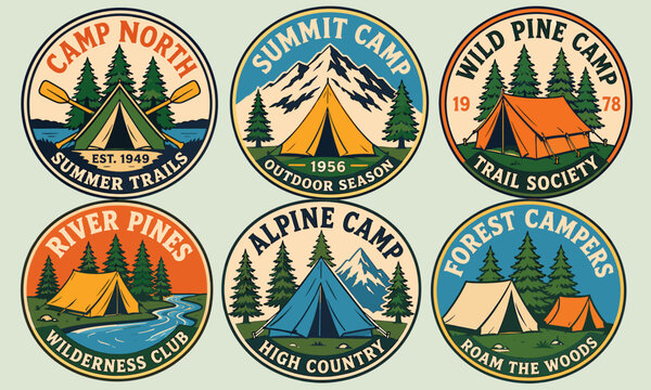 A collection of six vintage-style circular camping badges featuring tents, pine trees, mountains, and rivers, with various camp names and outdoor slogans.