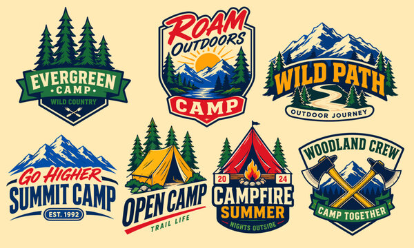 A collection of vintage-style outdoor adventure and camping logos featuring mountains, forests, tents, campfires, and axes, with various text slogans.