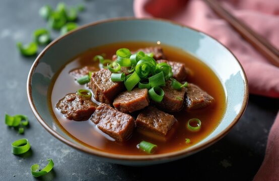 Korean beef short rib soup galbitang in light blue bowl. Tender meat pieces in rich broth garnished with fresh green scallions. Delicious asian comfort food for lunch or dinner.
