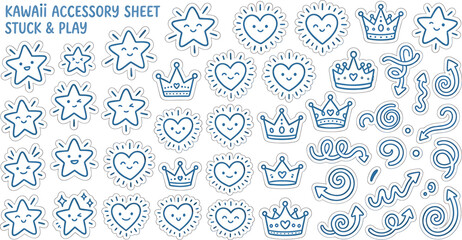 Kawaii sticker sheet vector elements set with cute smiling stars hearts tiara crowns and doodle curved arrows icons collection © ALOMGIR