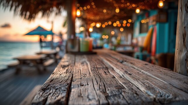 Driftwood bar counter foreground with blurred tropical beach bar, colorful drinks and ocean sunset for product display, empty rustic wood bar top with tiki beach bar interior and tropical cocktails