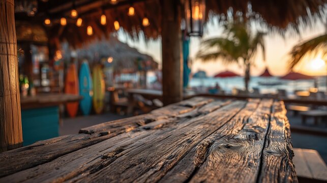 Weathered empty driftwood bar counter under thatched palapa roof with blurred tiki beach bar and ocean sunset behind, Rustic tiki bar driftwood counter foreground for product placement