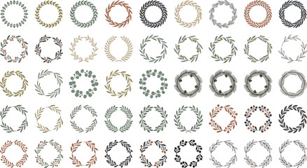 Laurel wreaths and botanical circular frames vector elements large set with olive branches leaves eucalyptus and winter pine cones collection © ALOMGIR