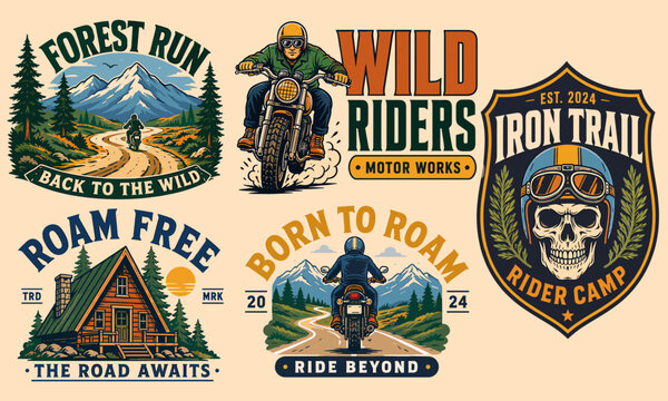 A collection of six vintage-style motorcycle and outdoor adventure graphic designs, featuring riders, mountains, forests, and cabins, evoking themes of freedom and the open road.