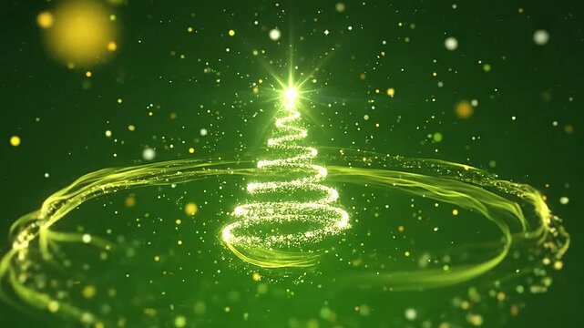 A glowing abstract tree shape formed by golden particles on a dark green background