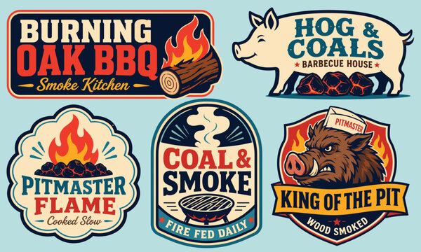 A collection of six vintage-style barbecue and smokehouse logos featuring pigs, boars, flames, grills, and text like 'Burning Oak BBQ' and 'King of the Pit'.