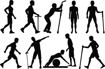 Naklejka premium Black silhouettes of people doing fitness and sports exercises Vector