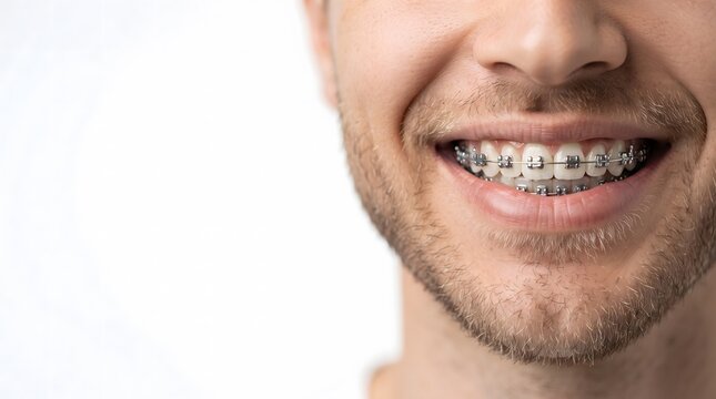 Macro detail of male teeth with metal dental braces smiling towards camera
