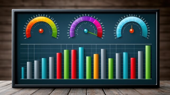 Colorful Business Dashboard Display with Speedometers and Bar Graphs for Data Analysis and Visualization in a Modern Office Environment