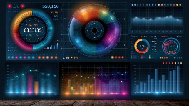 Colorful Digital Dashboard Visualizing Data Analytics and Business Insights with Interactive Charts, Graphs, and Performance Metrics on Dark Background