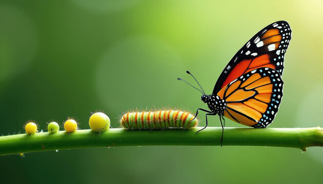 Life cycle from egg to butterfly on green stem. Tiny yellow eggs grow into striped then emerge as monarch butterfly, growth, change, nature.