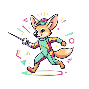 Cartoon fennec fox fencer athlete character in sports uniform with sword