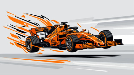 Orange Formula 1 Race Car in Dynamic Motion, Mid-Air Jump with Speed Lines and Abstract Background, Flat Vector Illustration © sugeng prayitno
