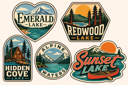A collection of five vintage-style outdoor adventure badges featuring lakes, mountains, forests, and cabins, with names like Emerald Lake and Sunset Lake.