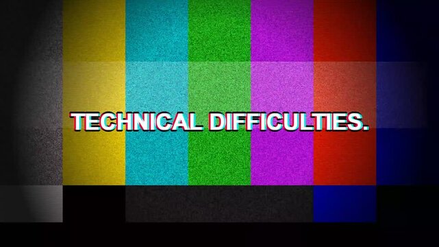 Technical difficulties sign with colorful television test pattern background