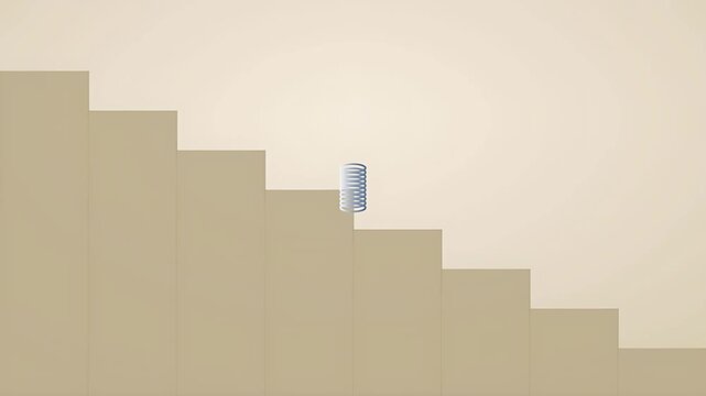Declining bar graph illustrating downward trend in business statistics with a dynamic coiled spring representing rebound and economic recovery potential