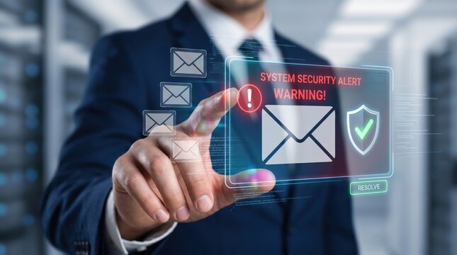 Businessman touching virtual screen displaying system security alert warning for email phishing attack with shield icon, cybersecurity threat protection concept
