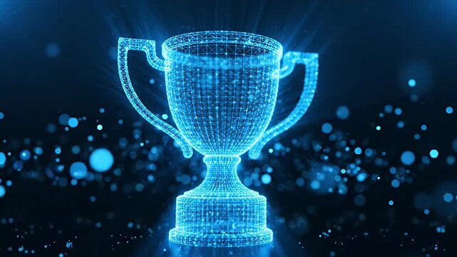 Glowing blue digital trophy with particle effects.