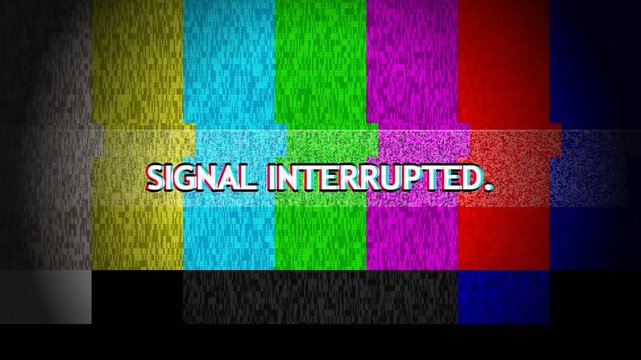 Signal interrupted text on a colorful television test pattern screen