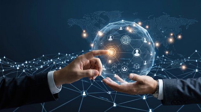 Two hands touching glowing global network sphere representing international business connection, teamwork and collaboration concept with world map background for corporate partn...